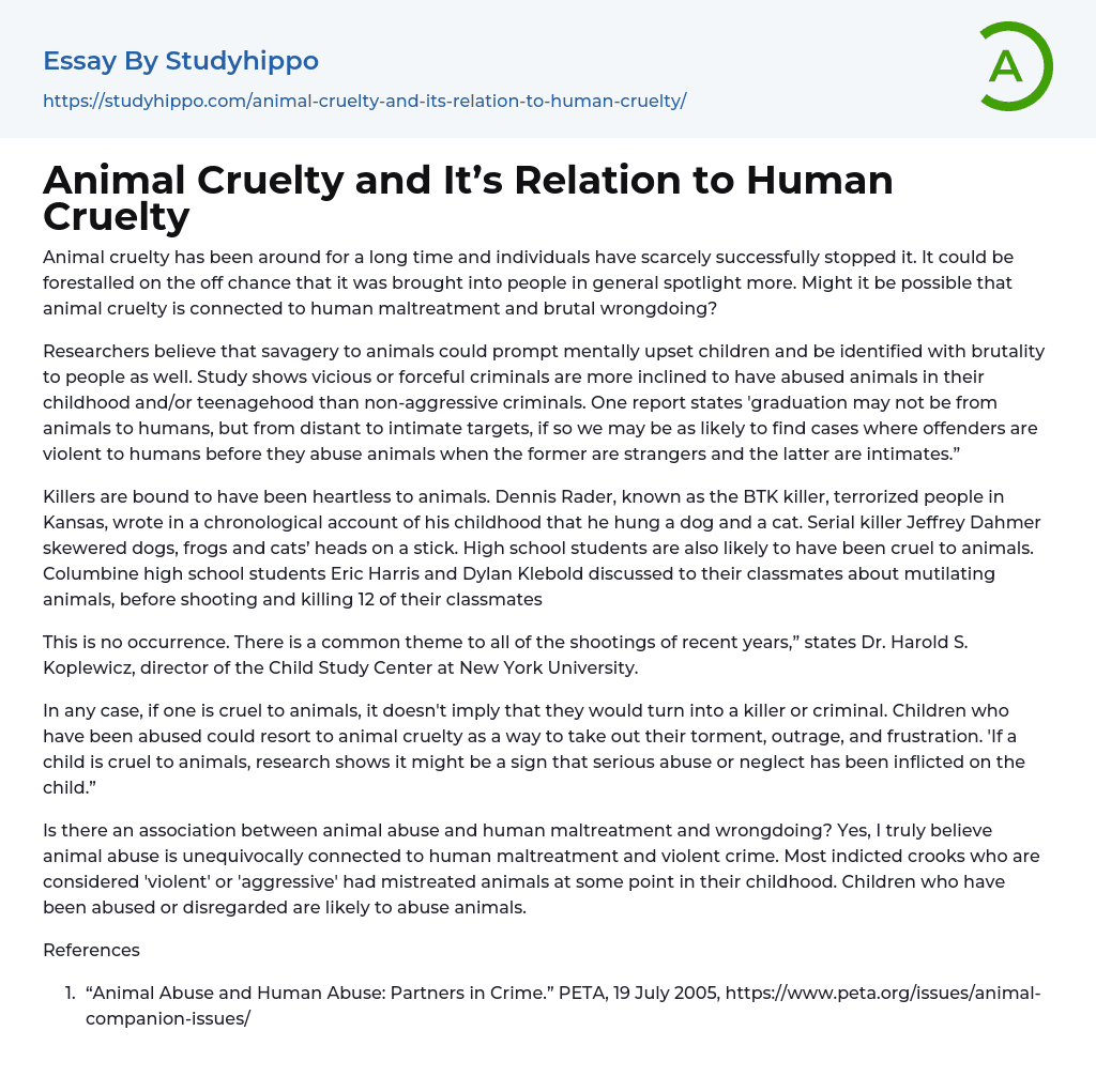 Animal Cruelty and It’s Relation to Human Cruelty Essay Example
