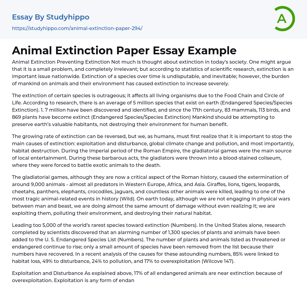 Animal Extinction Paper Essay Example