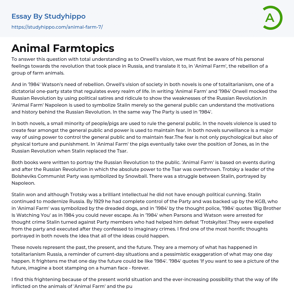 Animal Farmtopics Essay Example