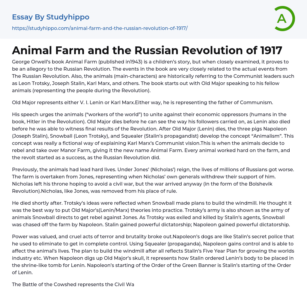 Animal Farm and the Russian Revolution of 1917 Essay Example