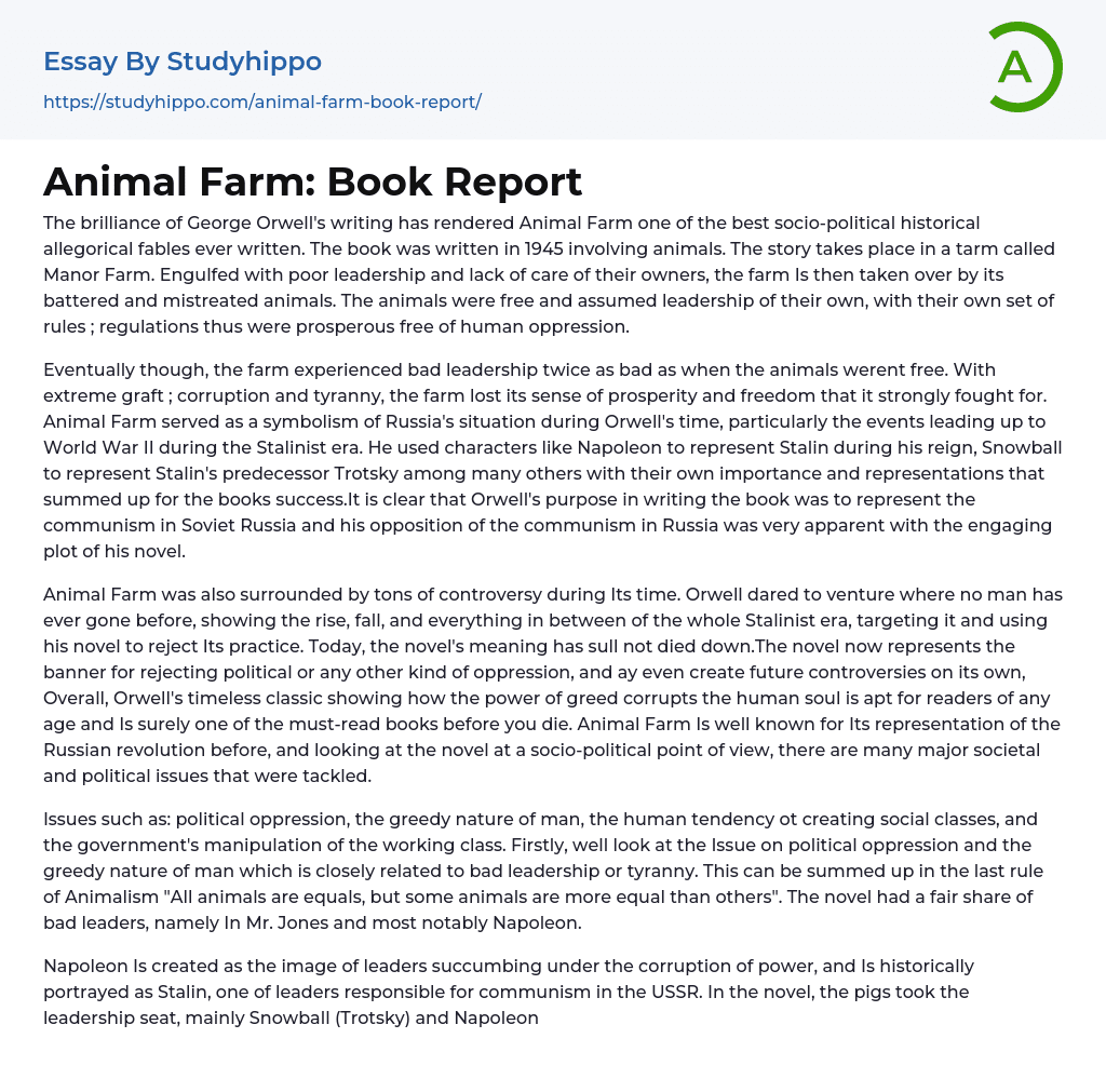 Animal Farm: Book Report Essay Example