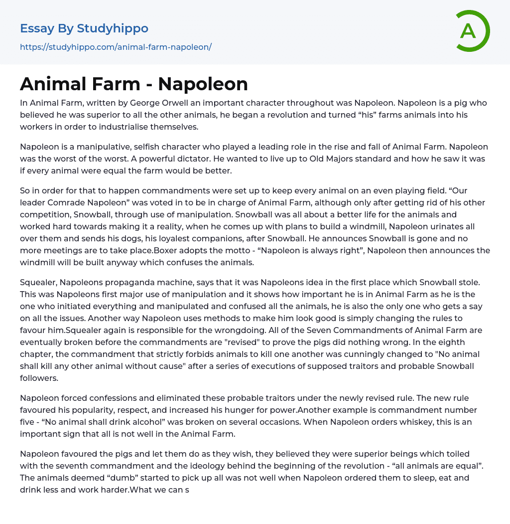 Animal Farm – Napoleon Essay Example
