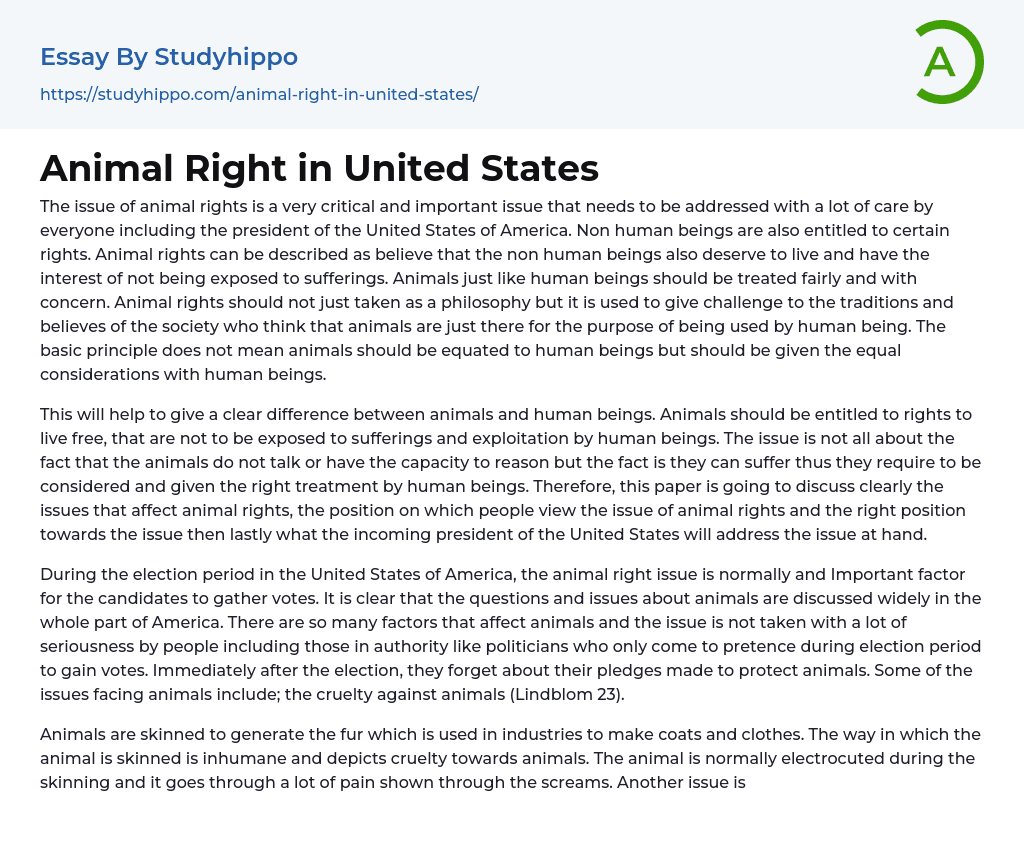Animal Right in United States Essay Example