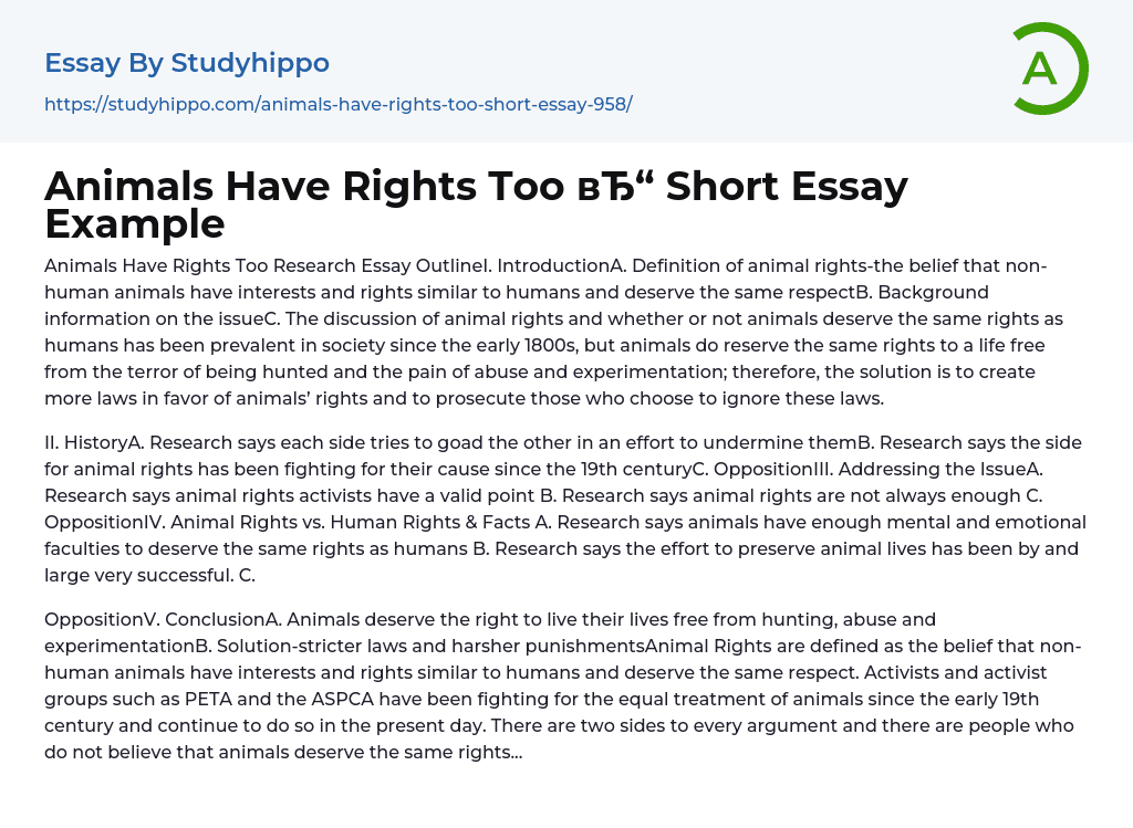 Animals Have Rights Too Short Essay Example