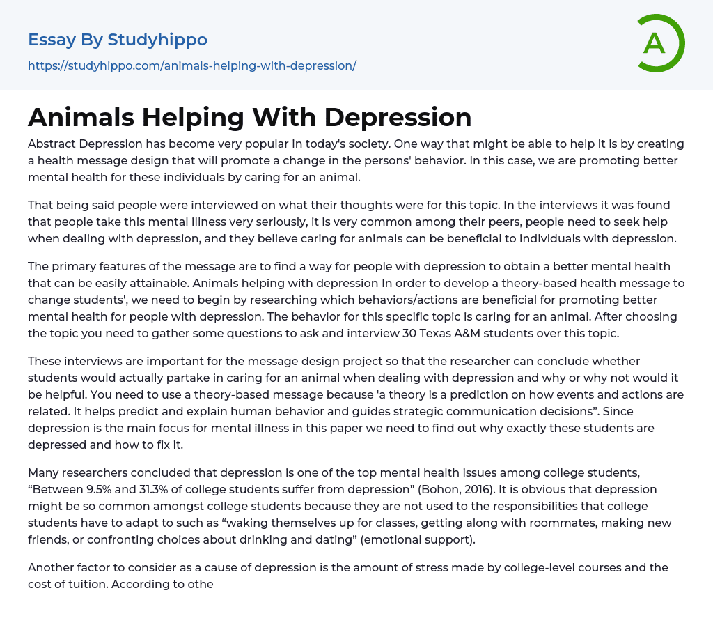 Animals Helping With Depression Essay Example