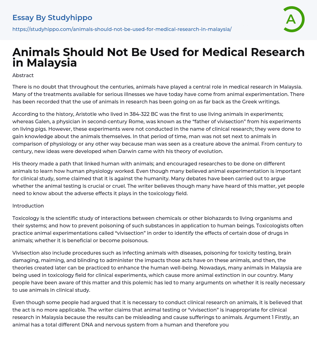 Animals Should Not Be Used for Medical Research in Malaysia Essay Example