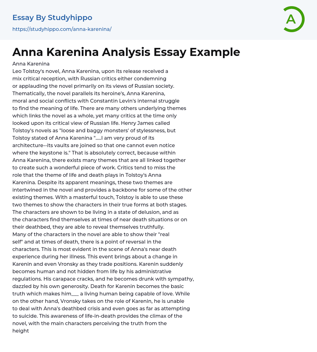 Anna Karenina Analysis Essay Example