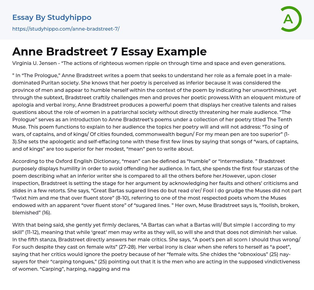 Anne Bradstreet 7 Essay Example