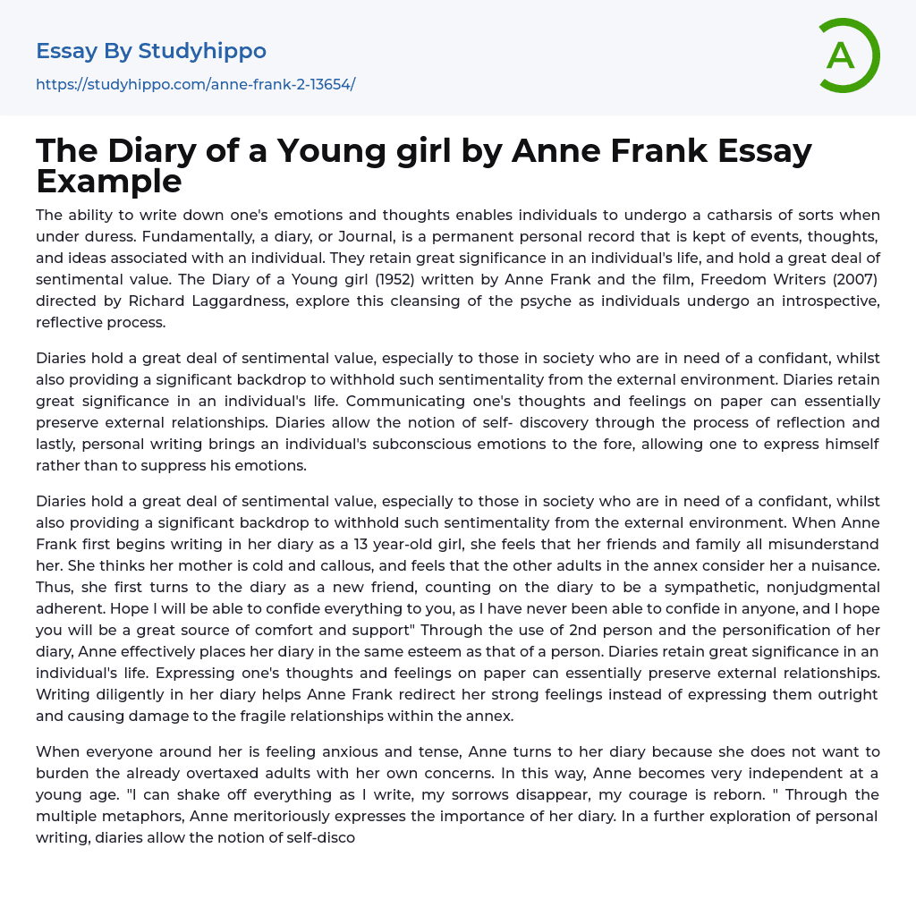 The Diary of a Young girl by Anne Frank Essay Example