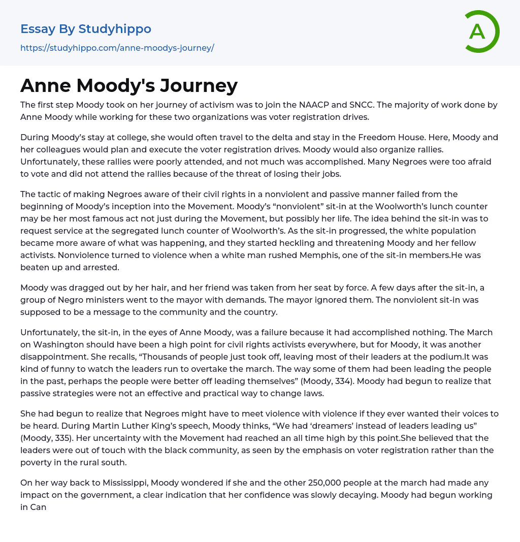 Anne Moody’s Journey Essay Example