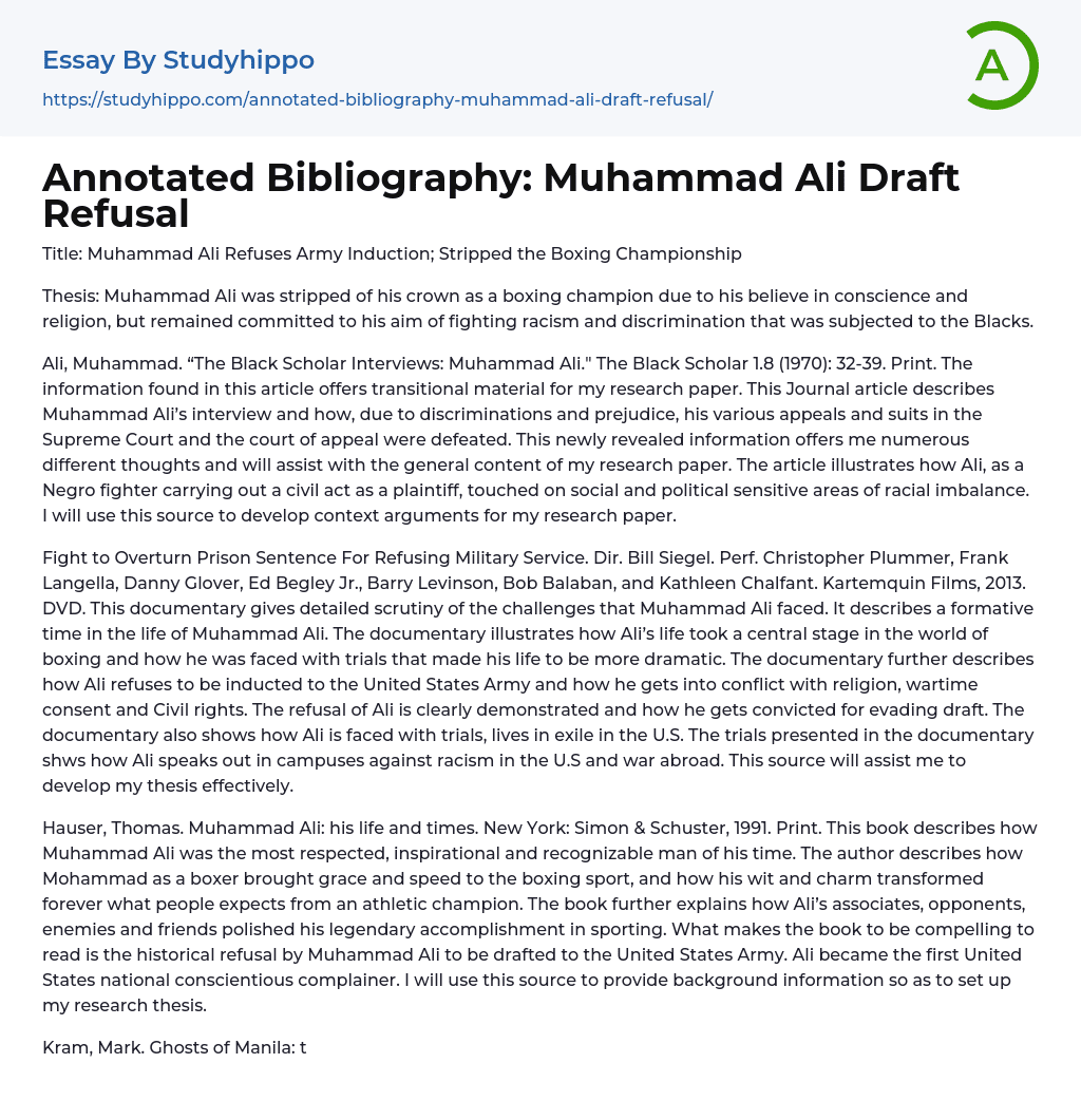 Annotated Bibliography: Muhammad Ali Draft Refusal Essay Example