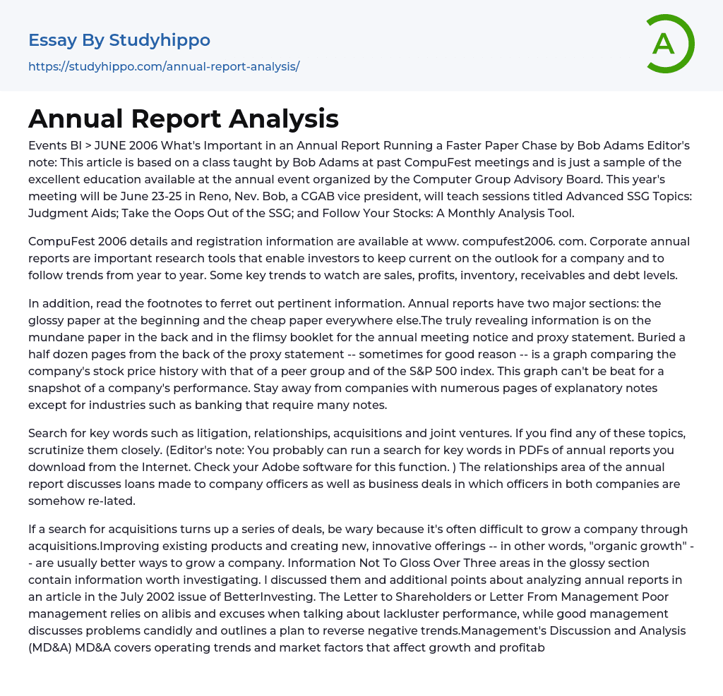 Annual Report Analysis Essay Example