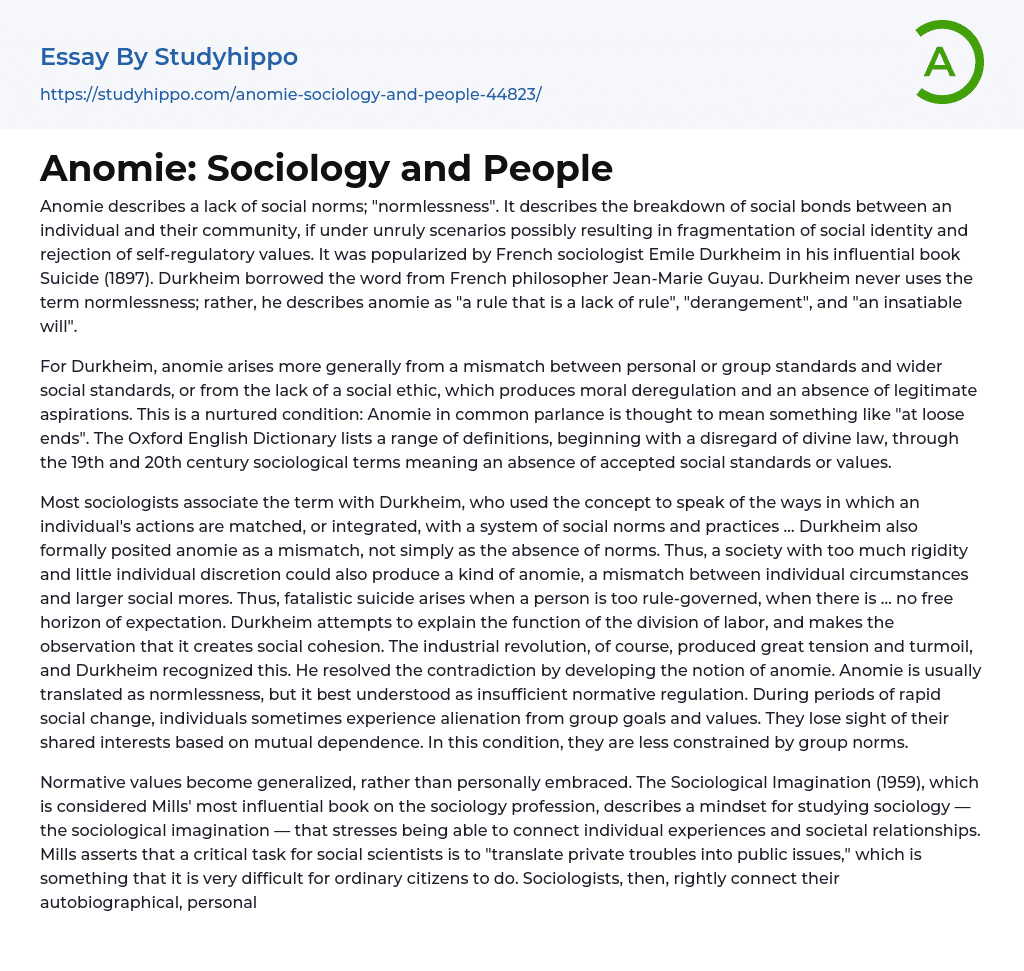 Anomie: Sociology and People Essay Example