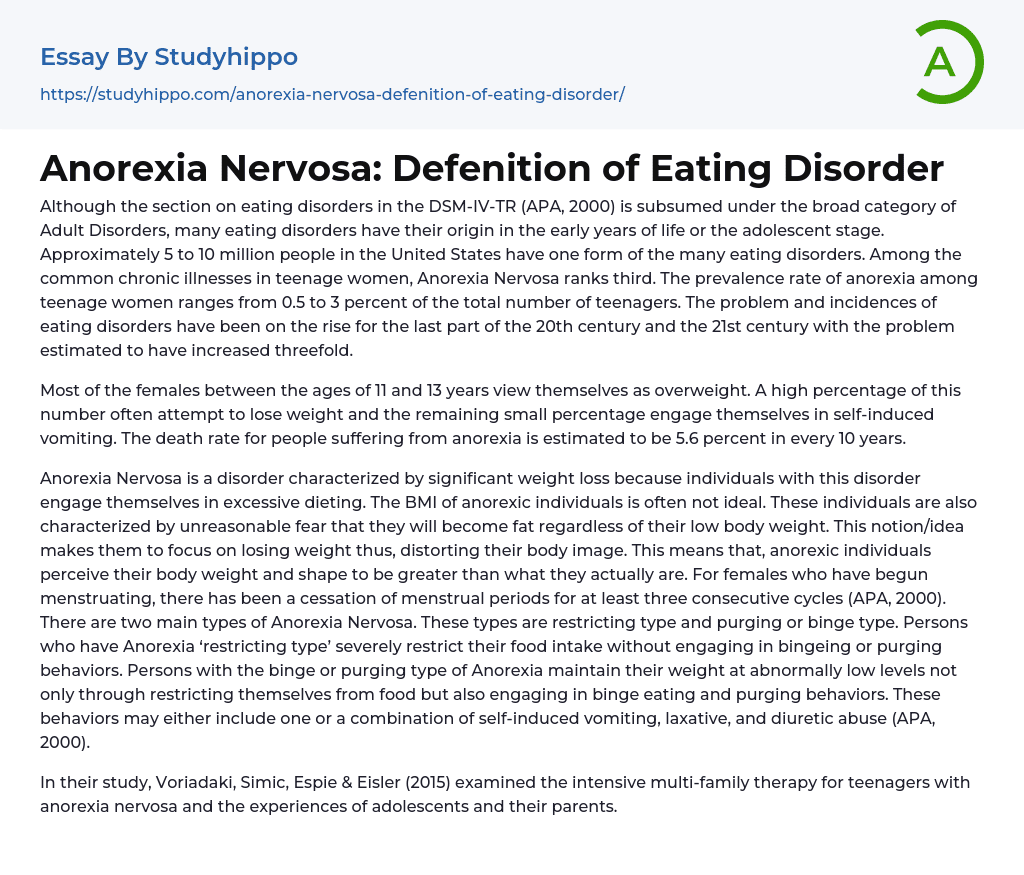 Anorexia Nervosa: Defenition of Eating Disorder Essay Example