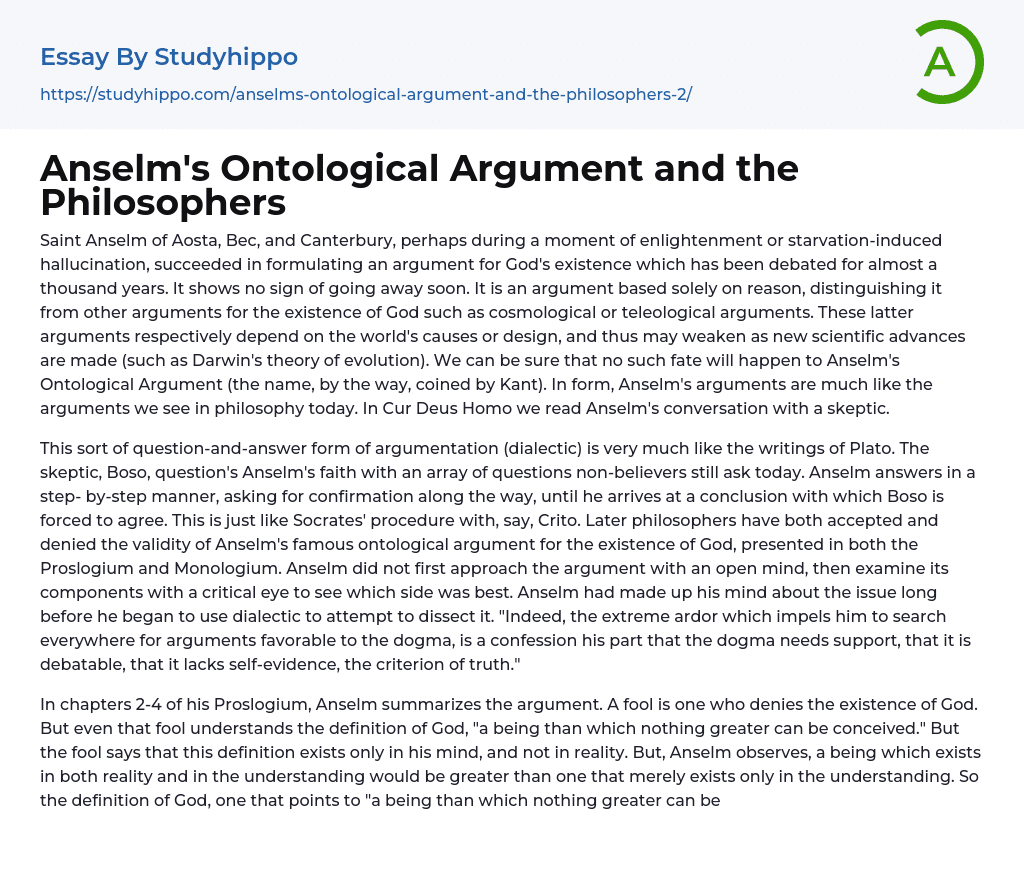 Anselm’s Ontological Argument and the Philosophers Essay Example