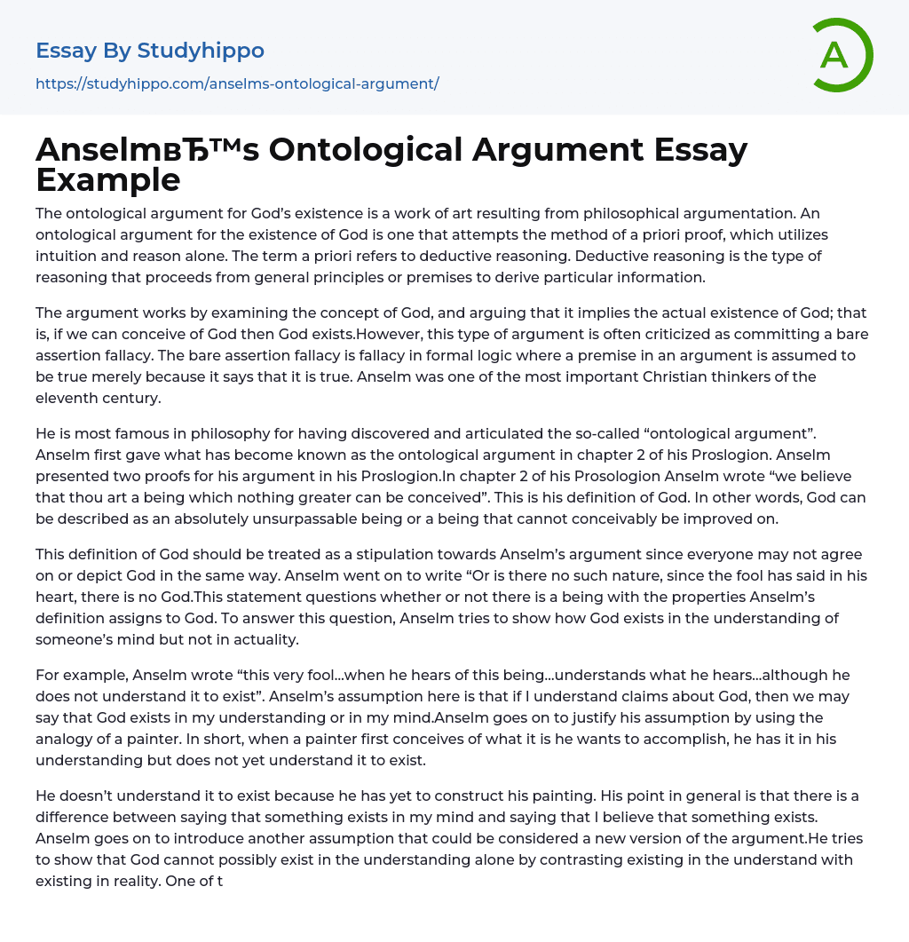 Anselm’s Ontological Argument Essay Example