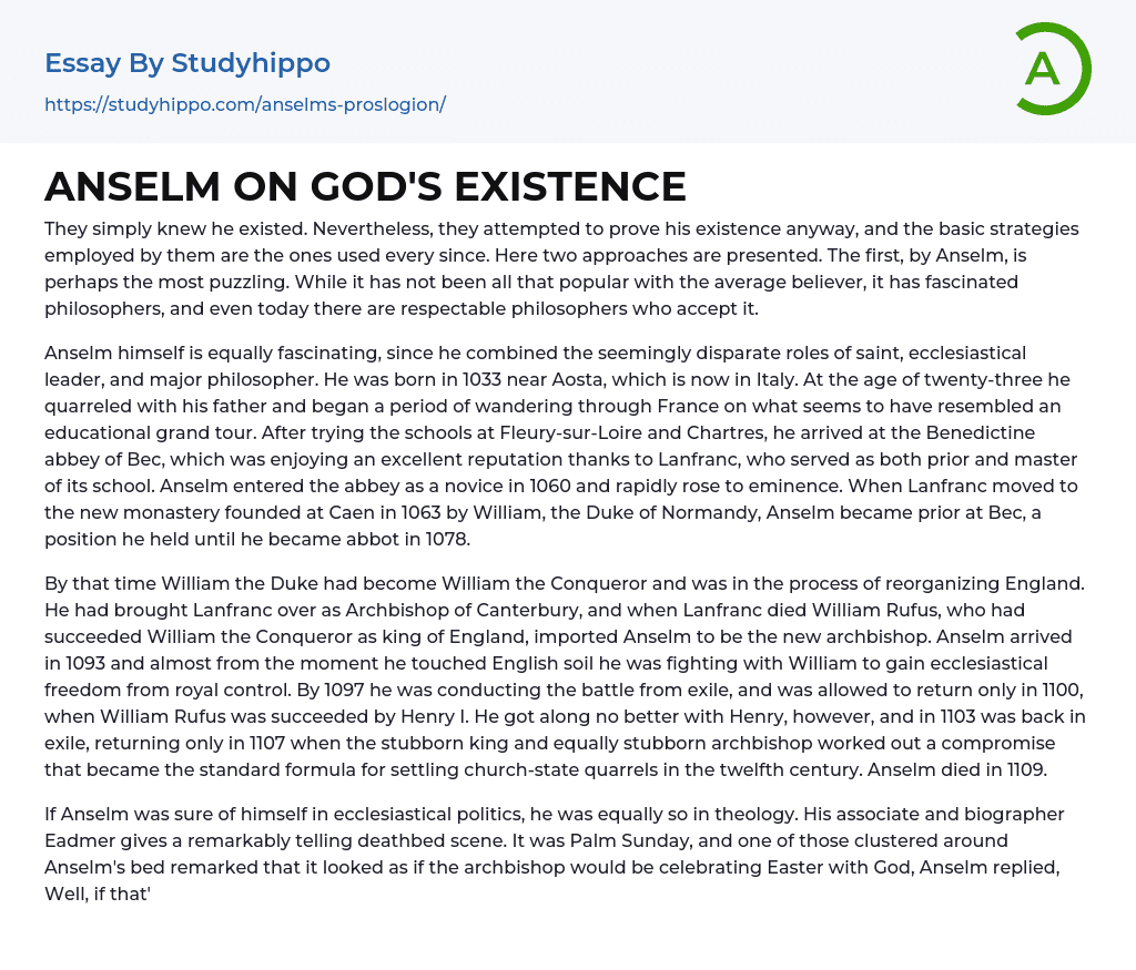 ANSELM ON GOD’S EXISTENCE Essay Example