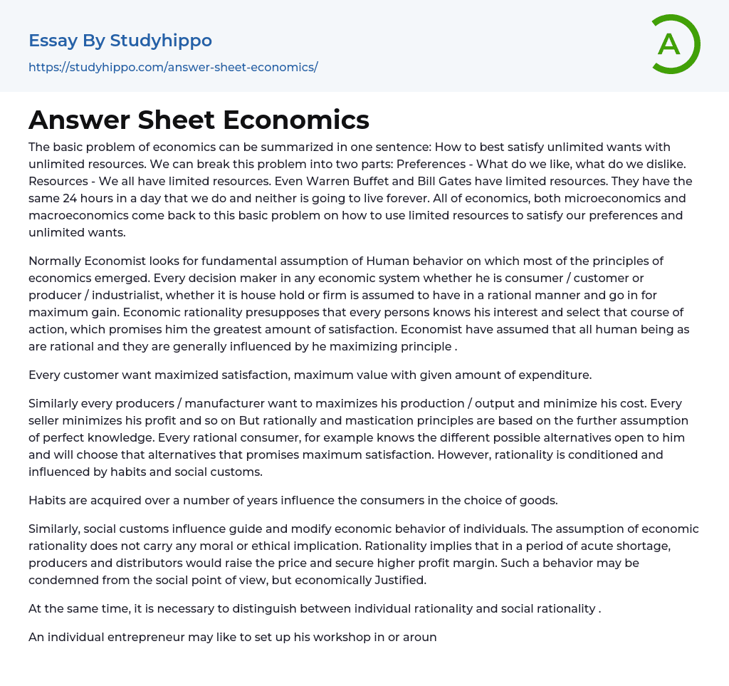 Answer Sheet Economics Essay Example