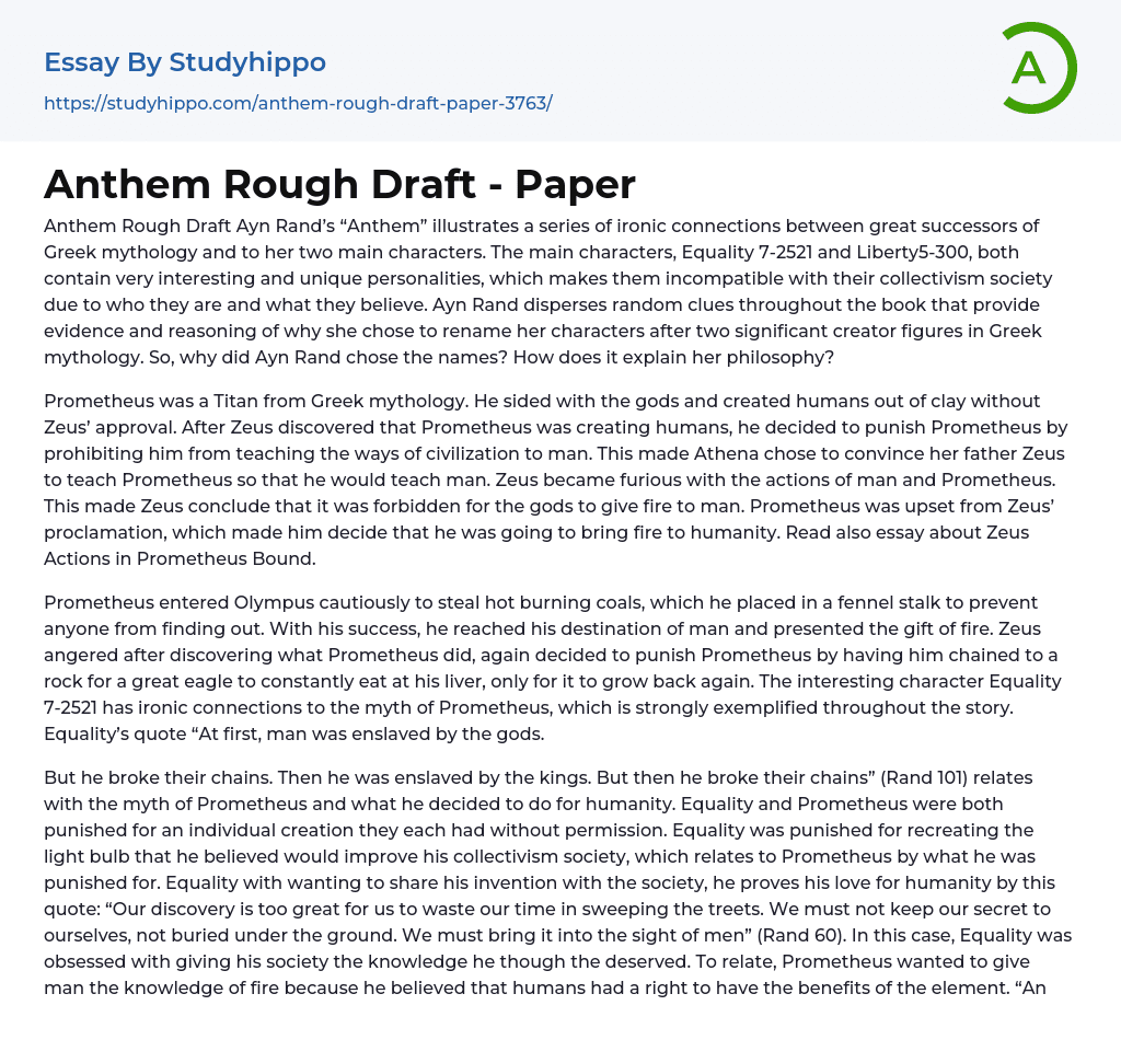 Anthem Rough Draft – Paper Essay Example