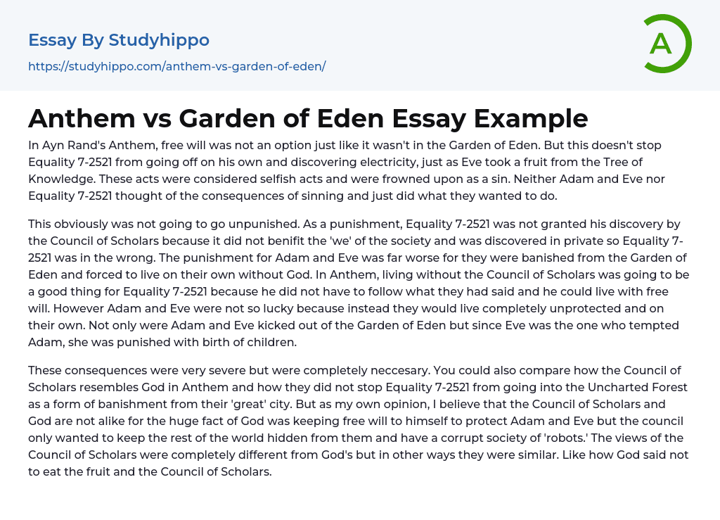 Anthem vs Garden of Eden Essay Example