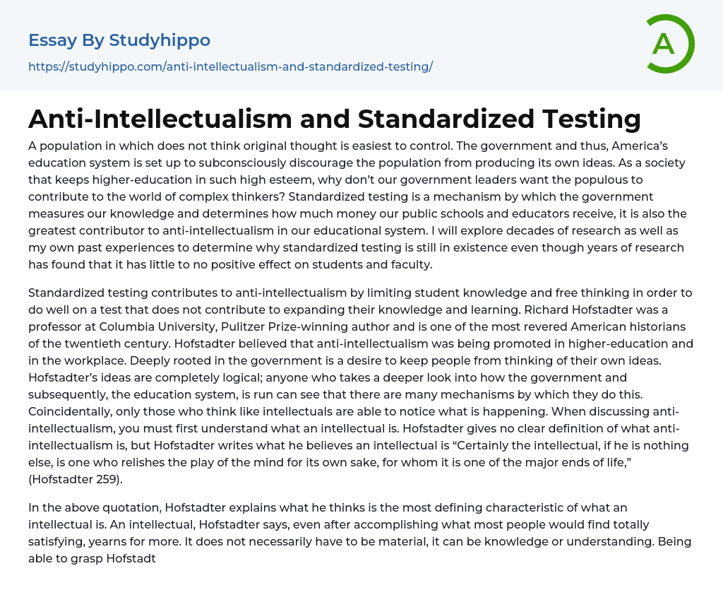 Anti-Intellectualism and Standardized Testing Essay Example