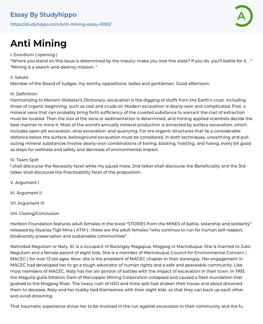 Anti Mining Essay Example