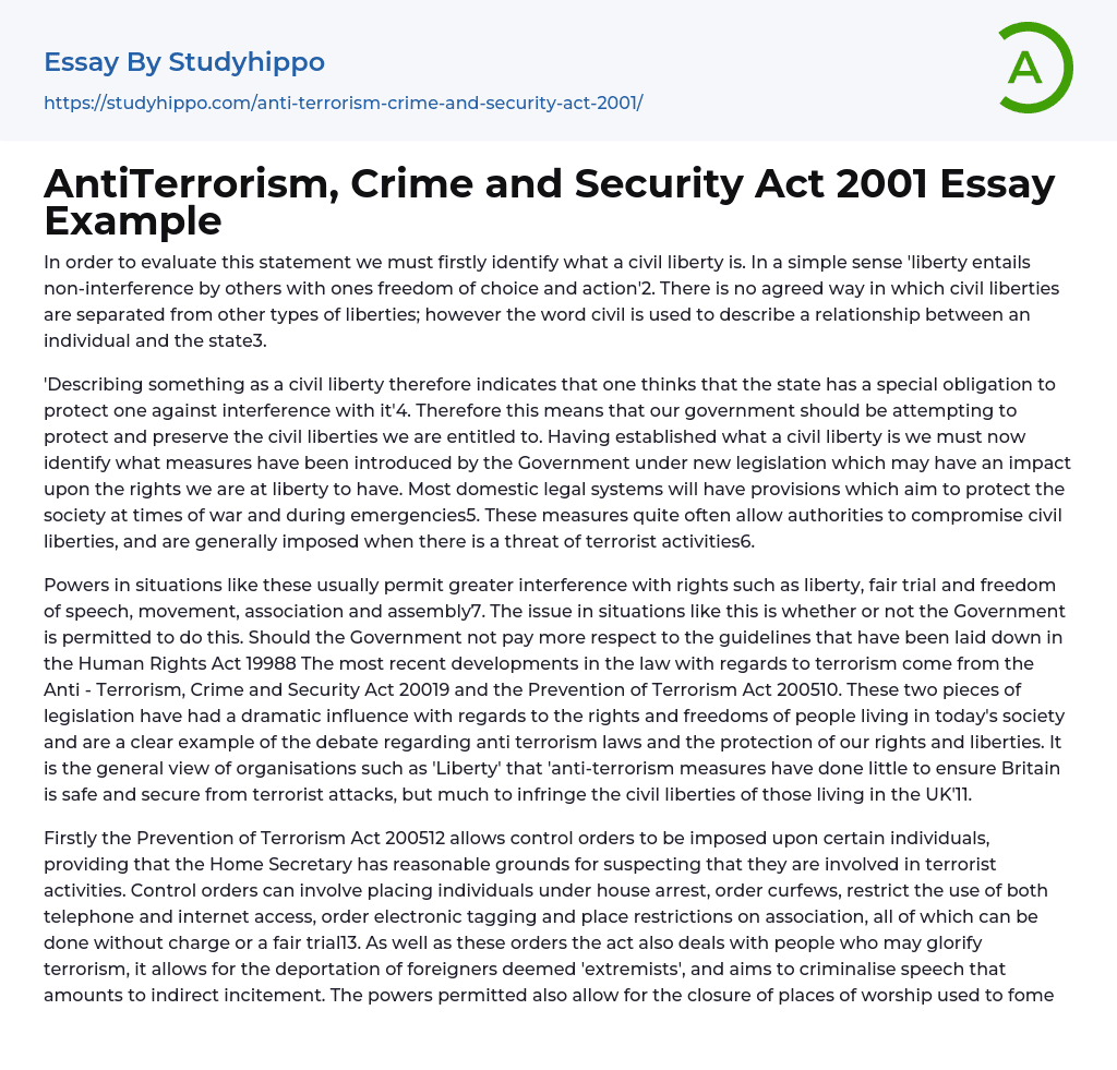 AntiTerrorism, Crime and Security Act 2001 Essay Example