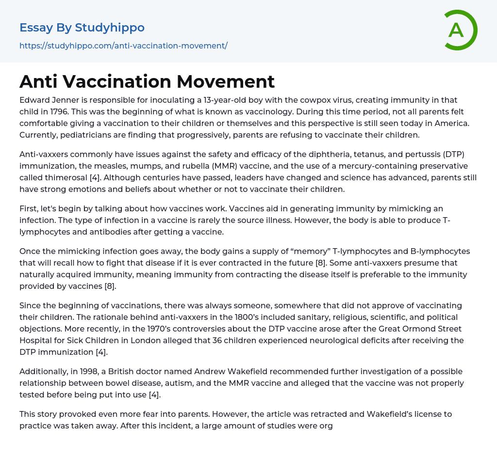 Anti Vaccination Movement Essay Example