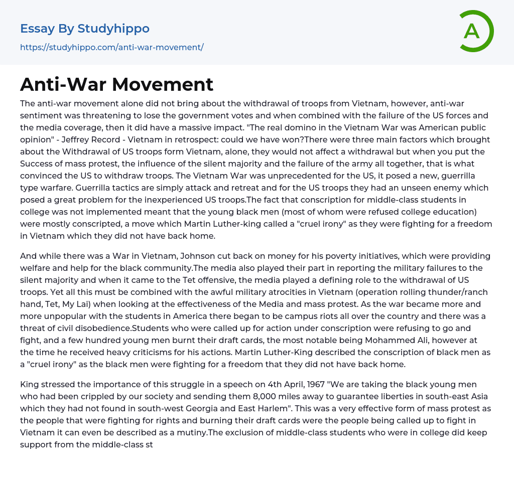 Anti-War Movement Essay Example
