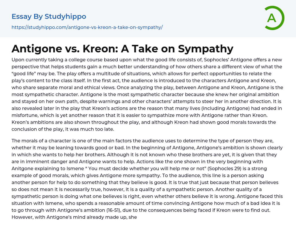 Antigone vs. Kreon: A Take on Sympathy Essay Example