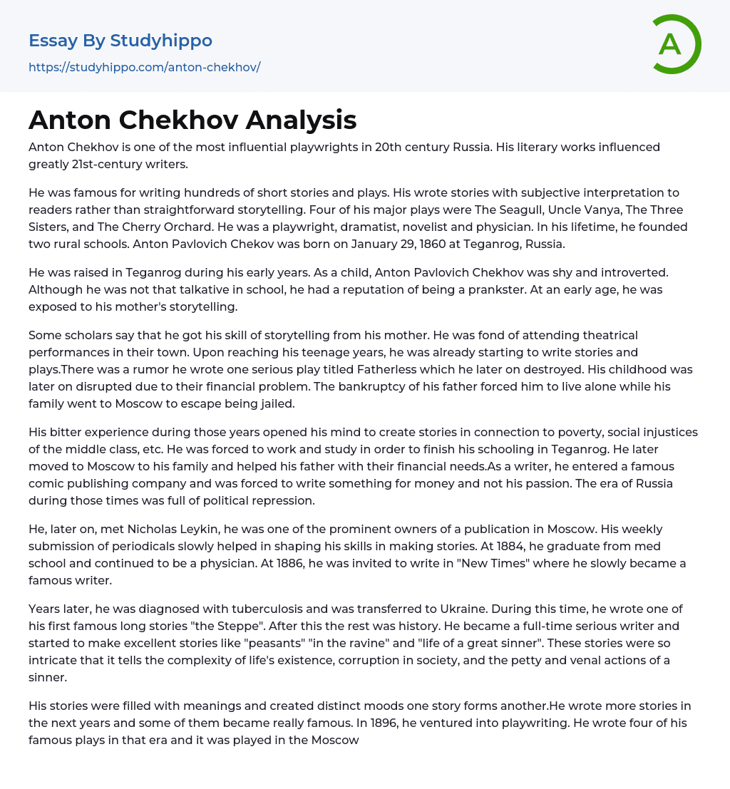 Anton Chekhov Analysis Essay Example