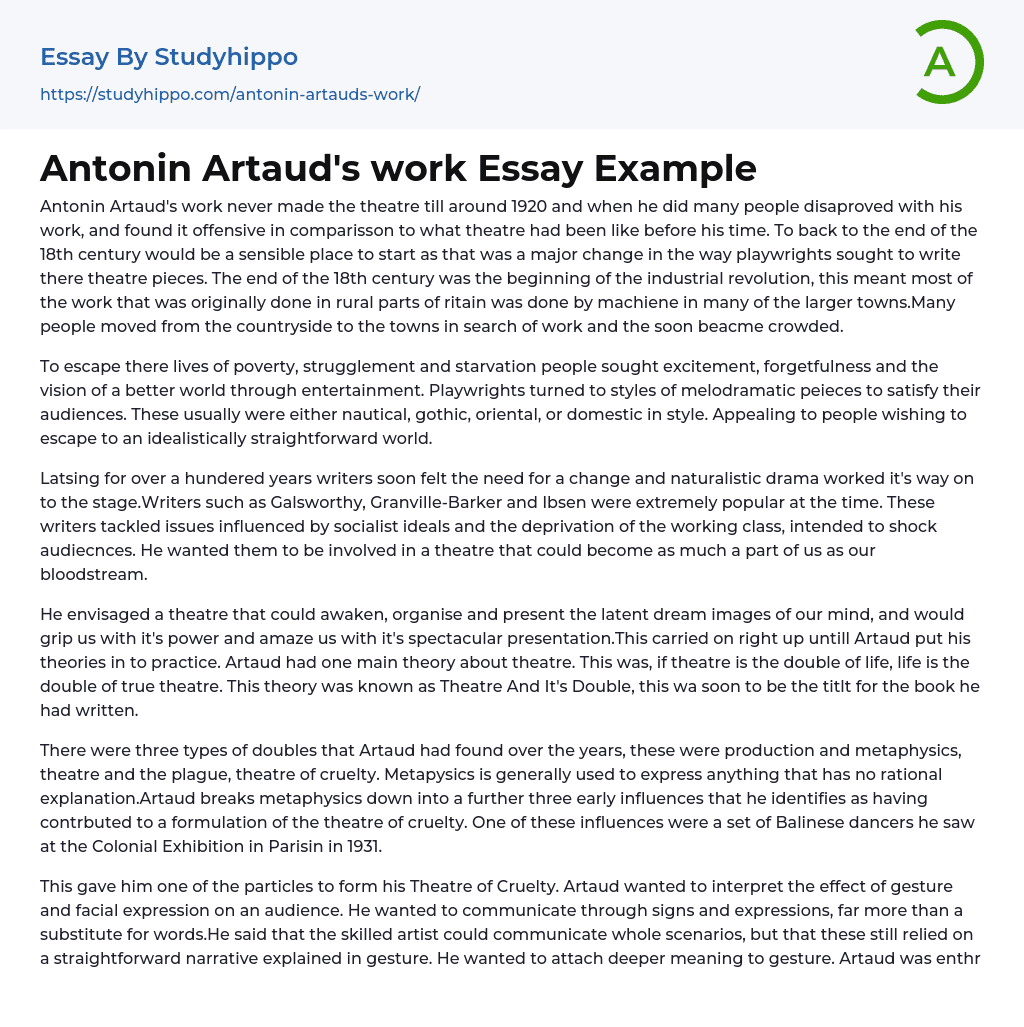 Antonin Artaud’s work Essay Example