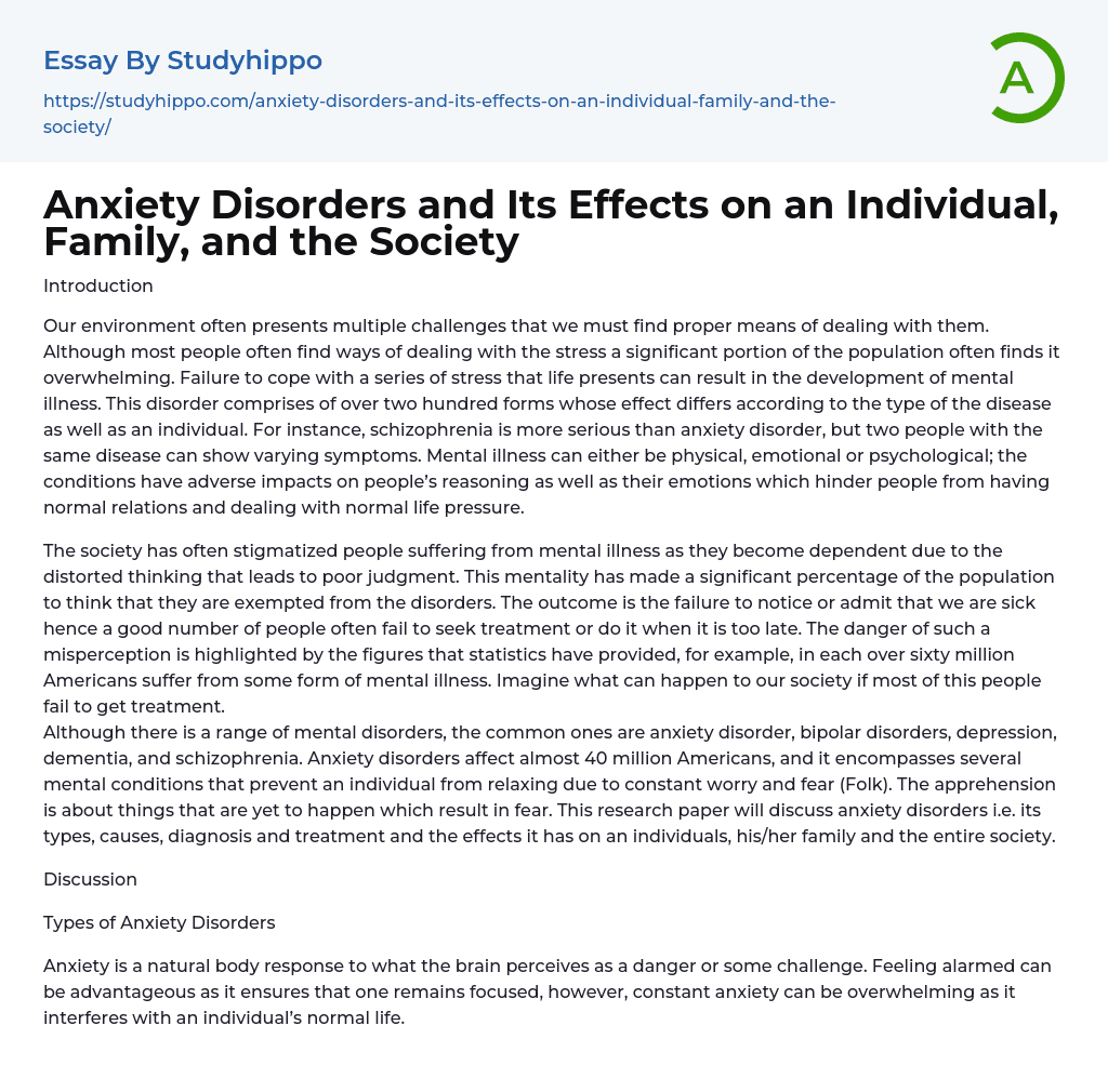 Anxiety Disorders and Its Effects on an Individual, Family, and the Society Essay Example
