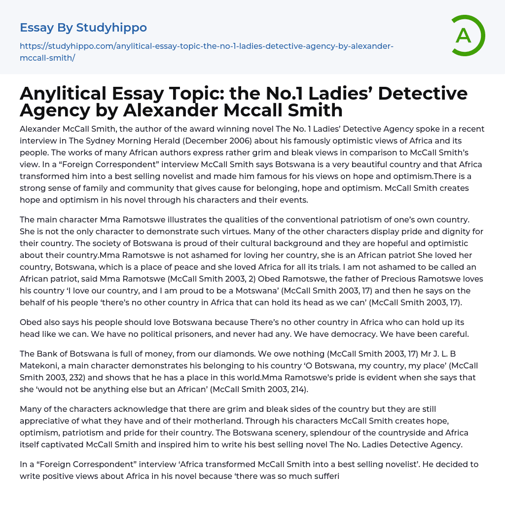 Anylitical Essay Topic: the No.1 Ladies’ Detective Agency by Alexander Mccall Smith