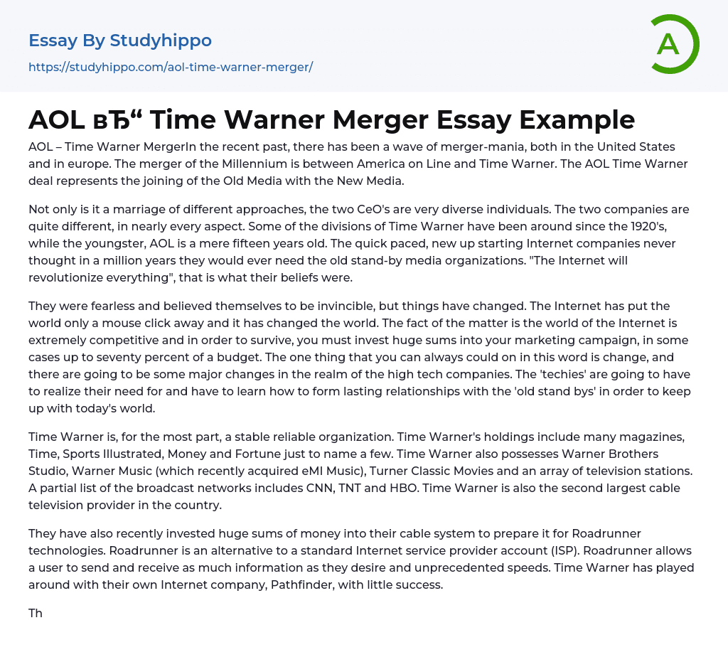 AOL Time Warner Merger Essay Example