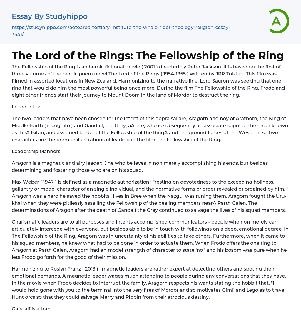 The Lord of the Rings: The Fellowship of the Ring Essay Example