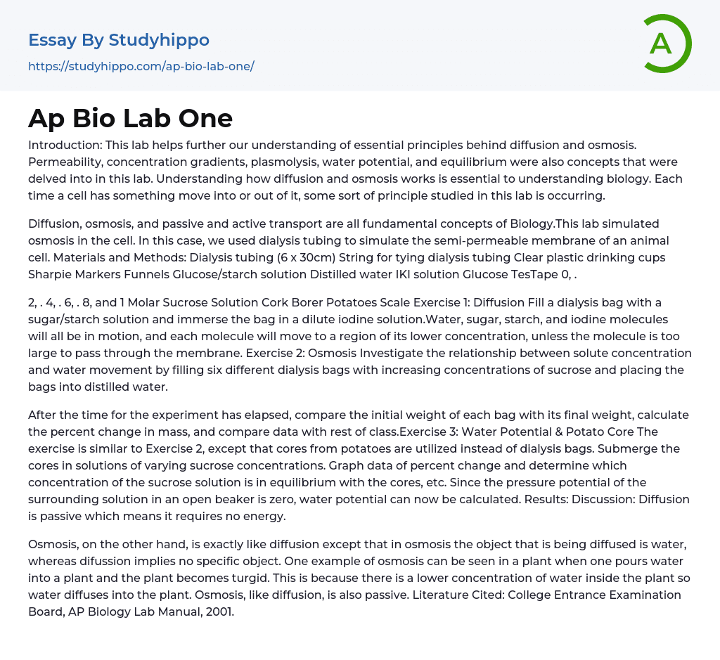 Ap Bio Lab One Essay Example