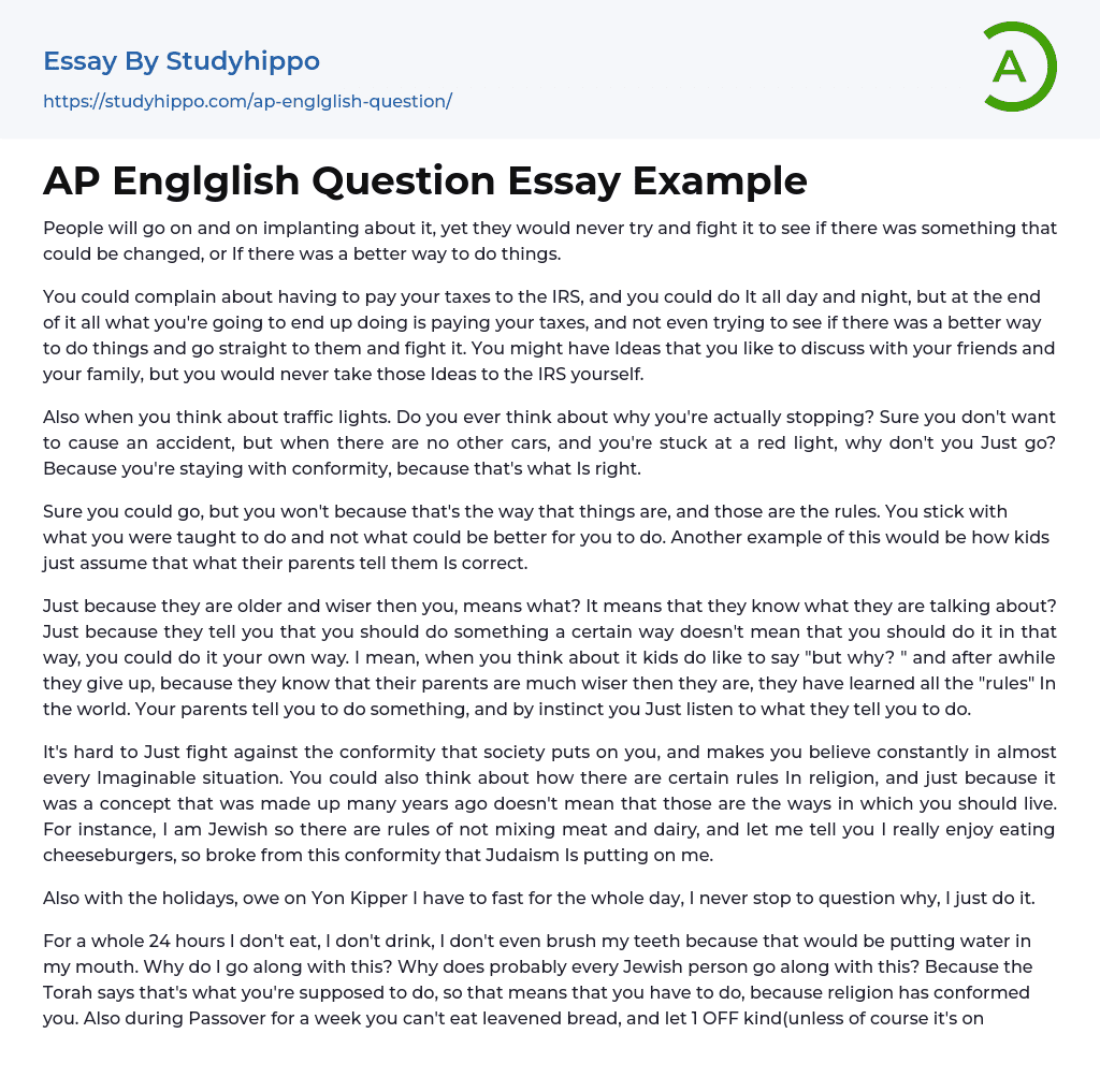 AP Englglish Question Essay Example
