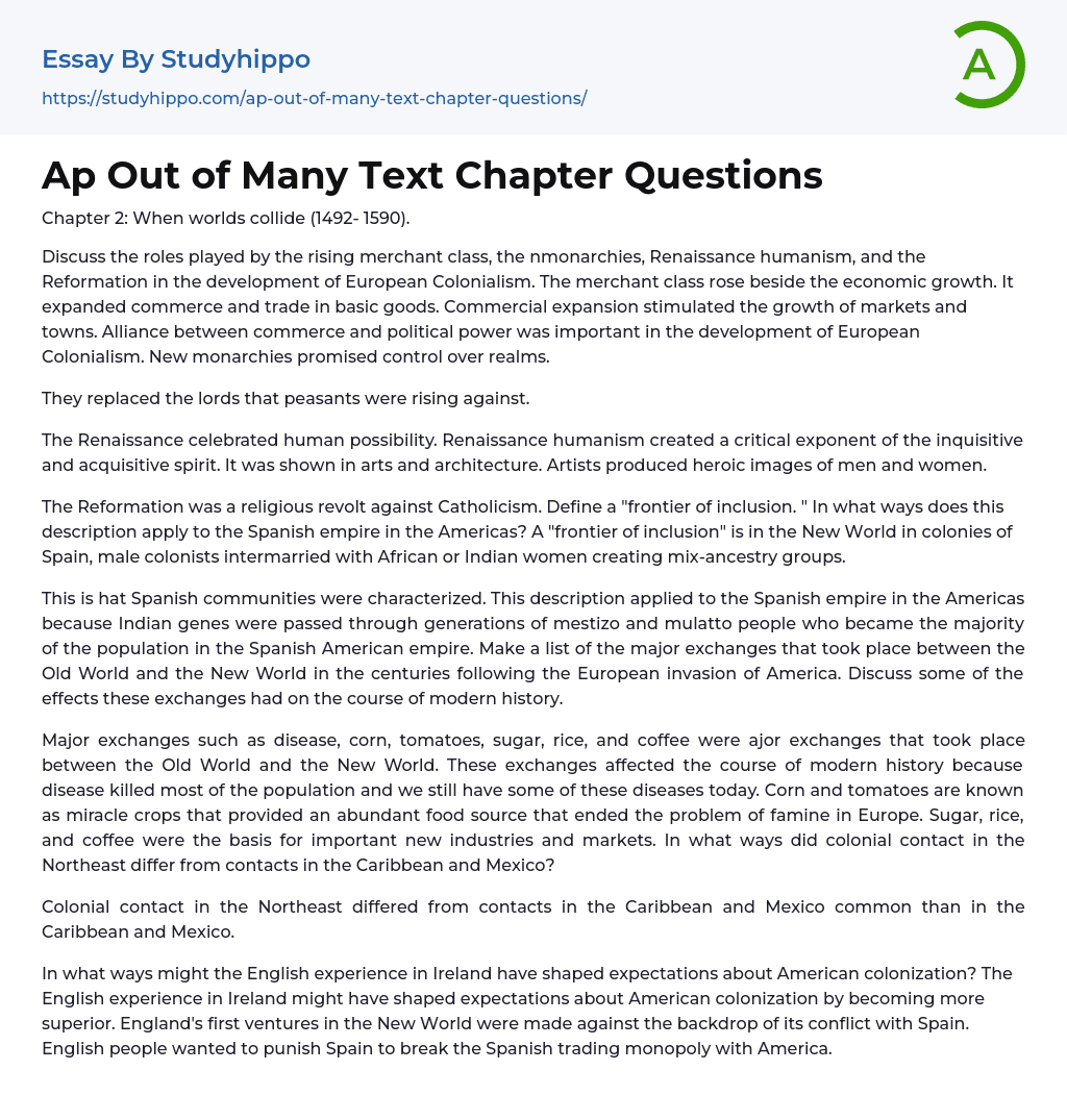 Ap Out of Many Text Chapter Questions Essay Example