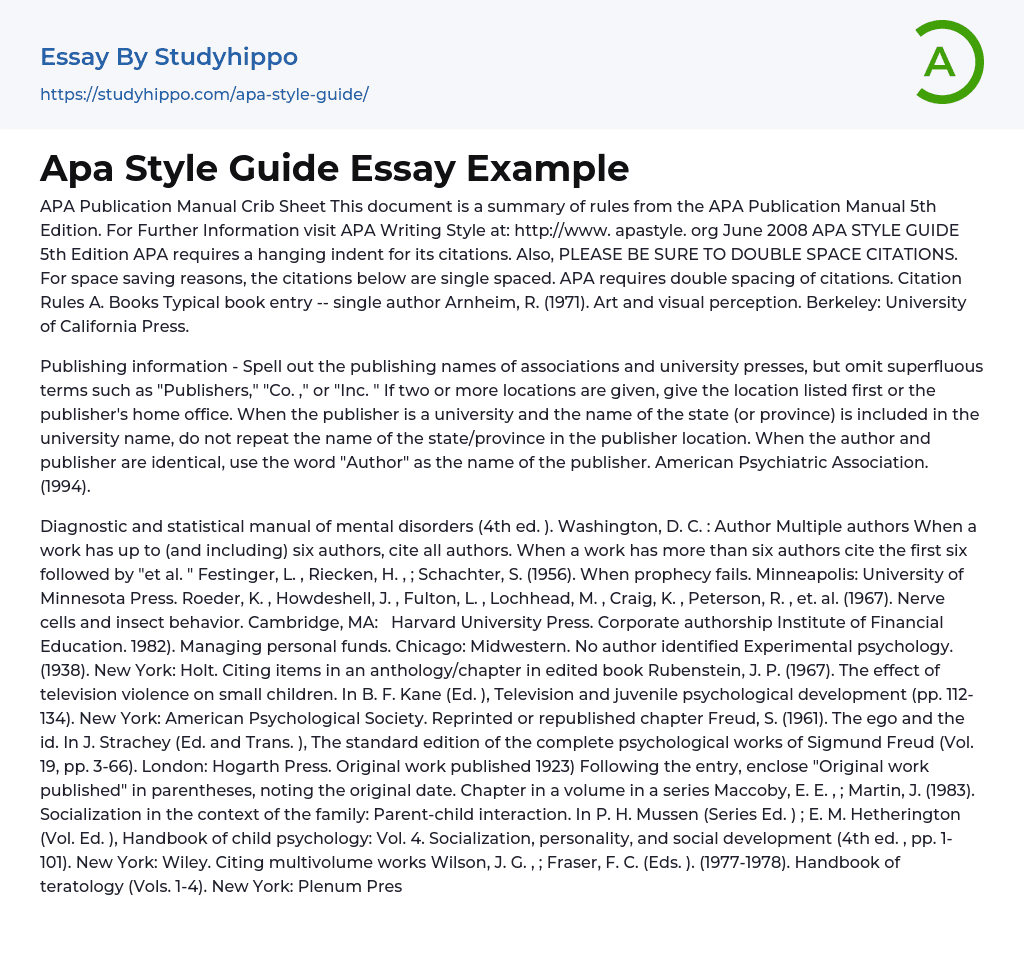 Apa Style Guide Essay Example