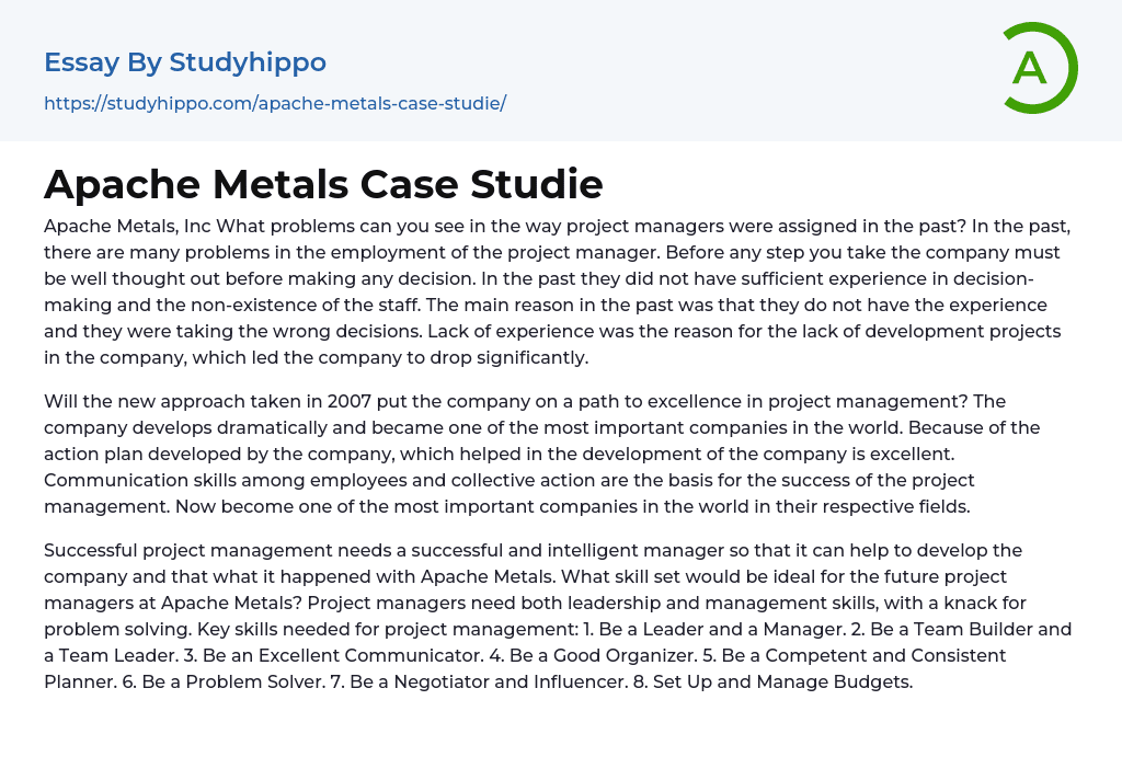 Apache Metals Case Studie Essay Example