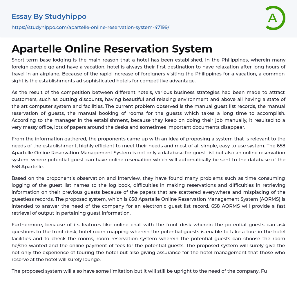 Apartelle Online Reservation System Essay Example