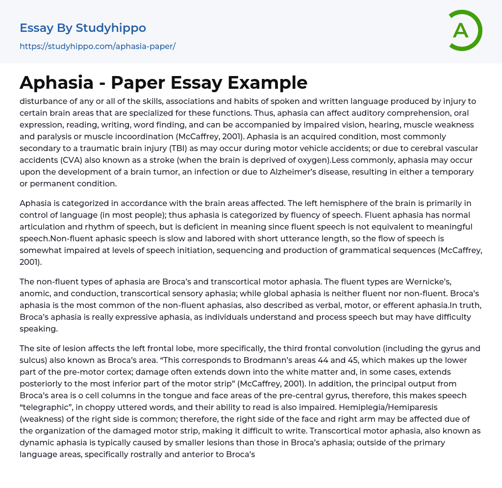 Aphasia – Paper Essay Example
