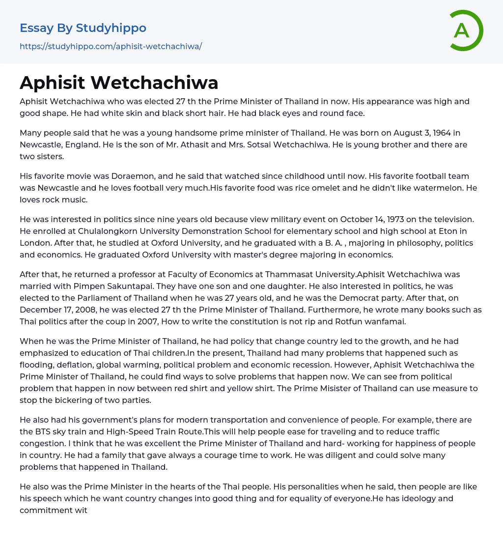 Aphisit Wetchachiwa Essay Example