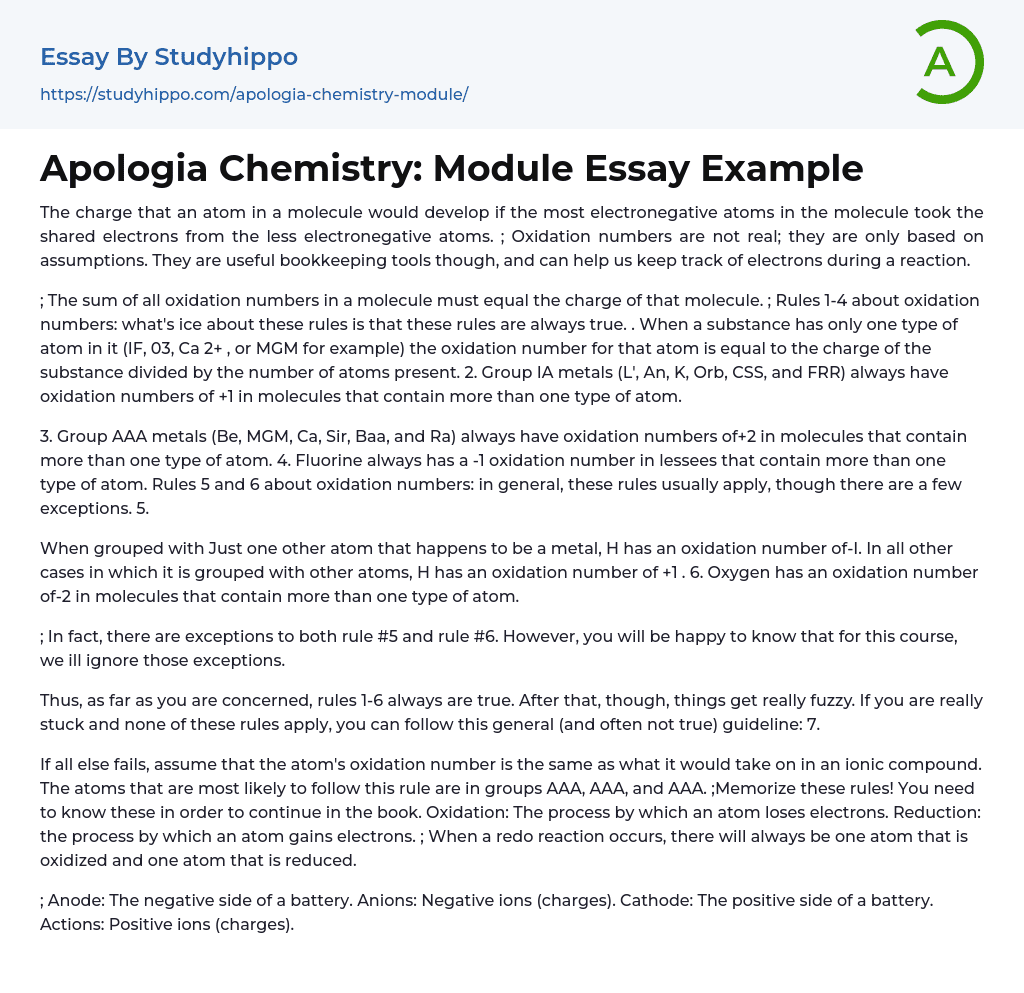 Apologia Chemistry: Module Essay Example