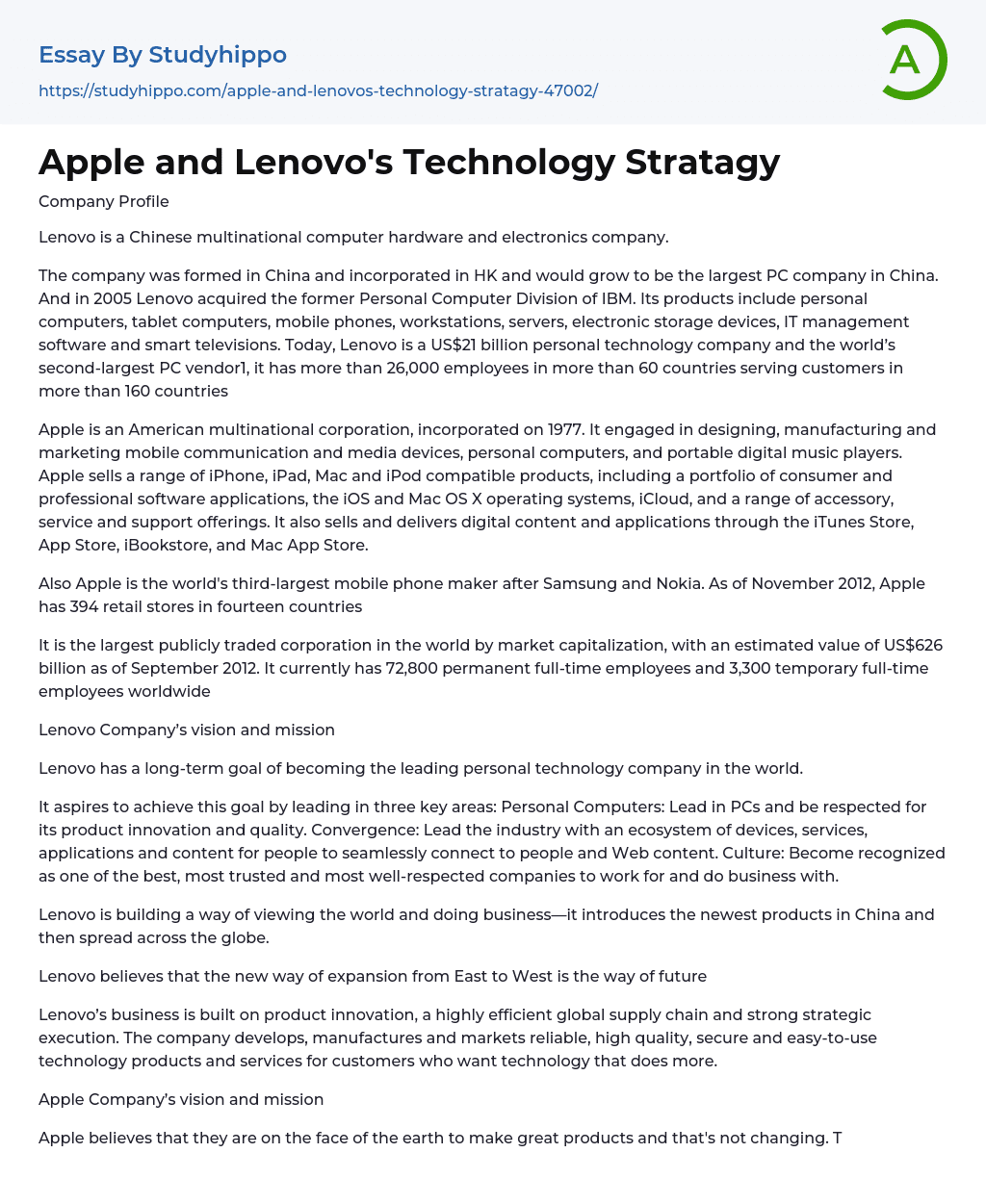 Apple and Lenovo’s Technology Stratagy Essay Example