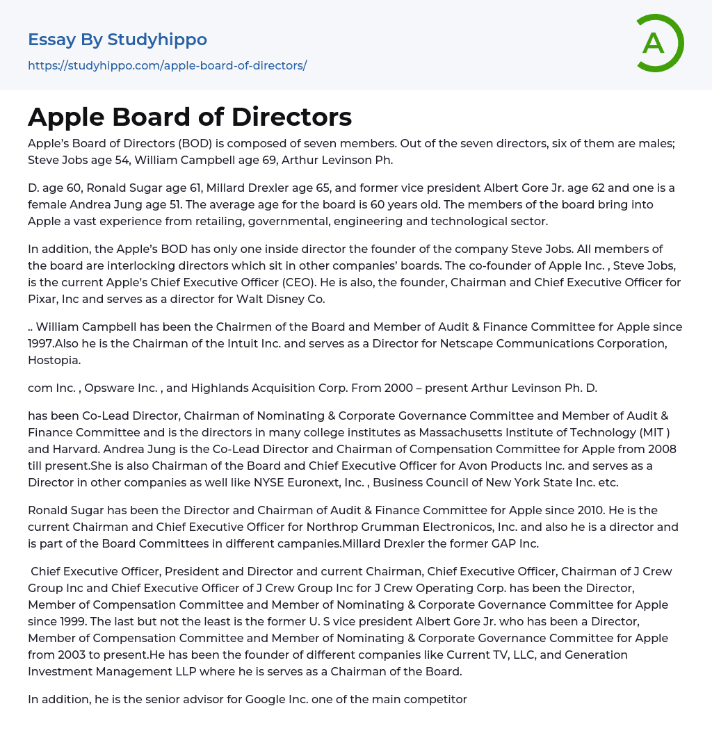 Apple Board of Directors Essay Example