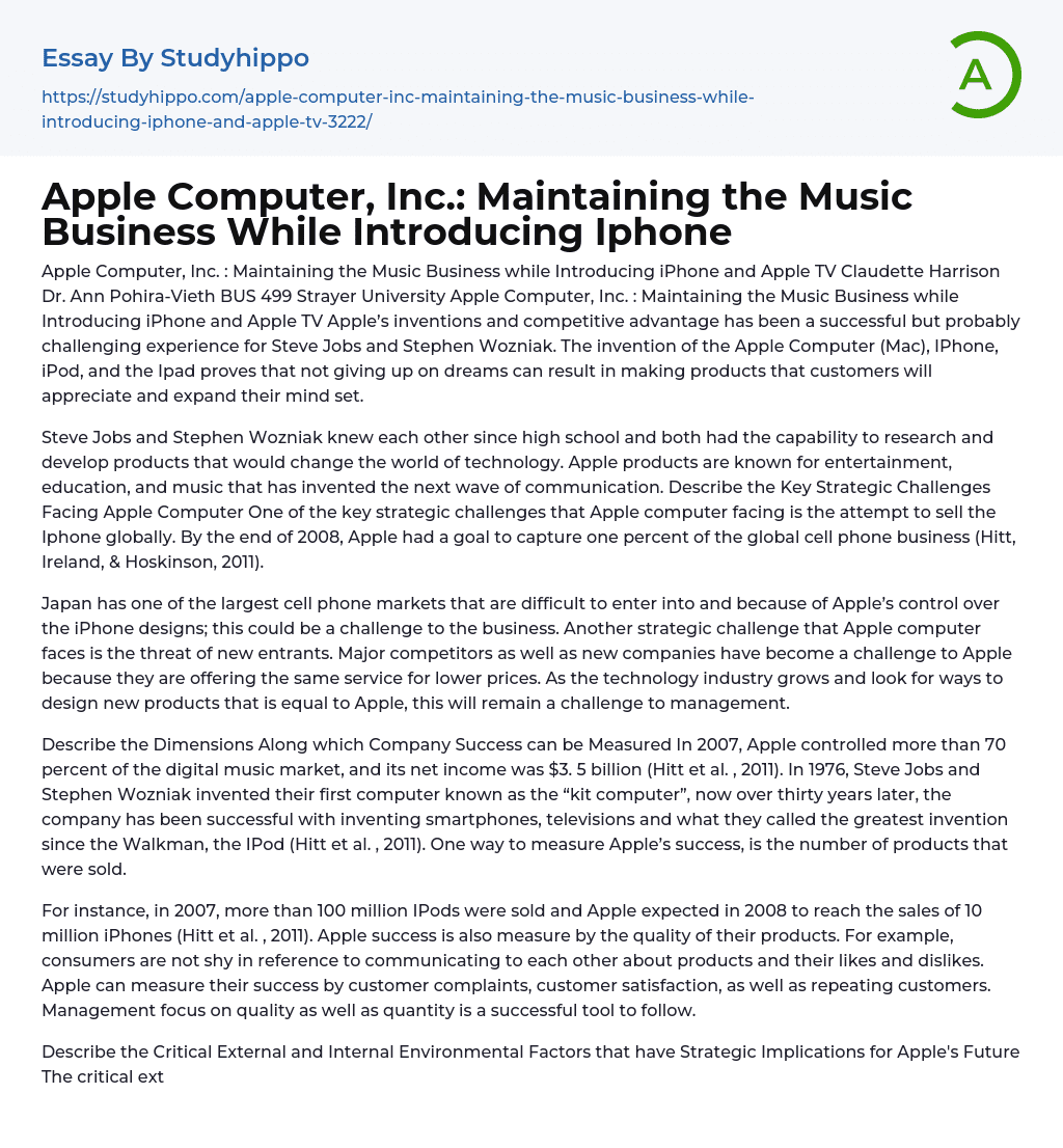 Apple Computer, Inc.: Maintaining the Music Business While Introducing Iphone Essay Example