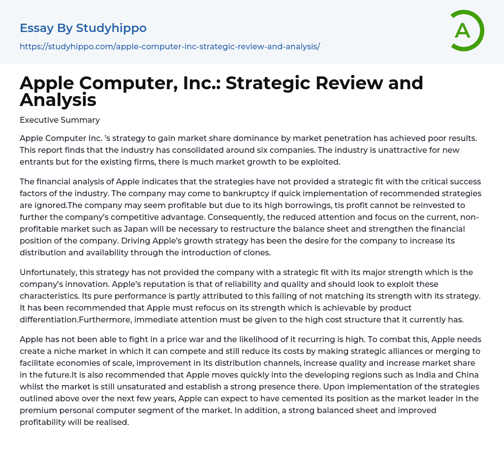Apple Computer, Inc.: Strategic Review and Analysis Essay Example