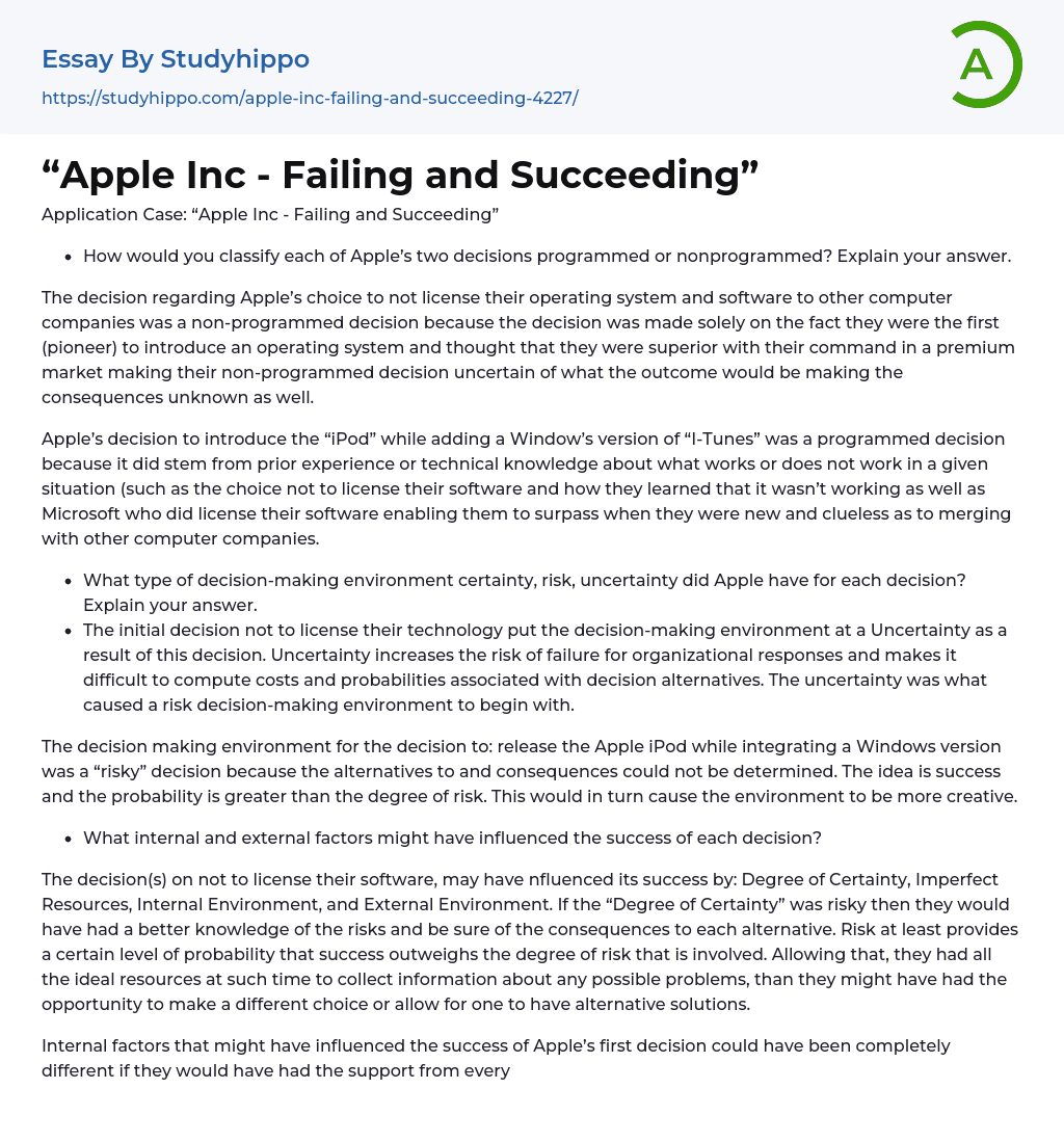 “Apple Inc – Failing and Succeeding” Essay Example